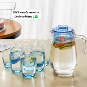 CARAFE EN VERRE BLEU ET 6 TASSES